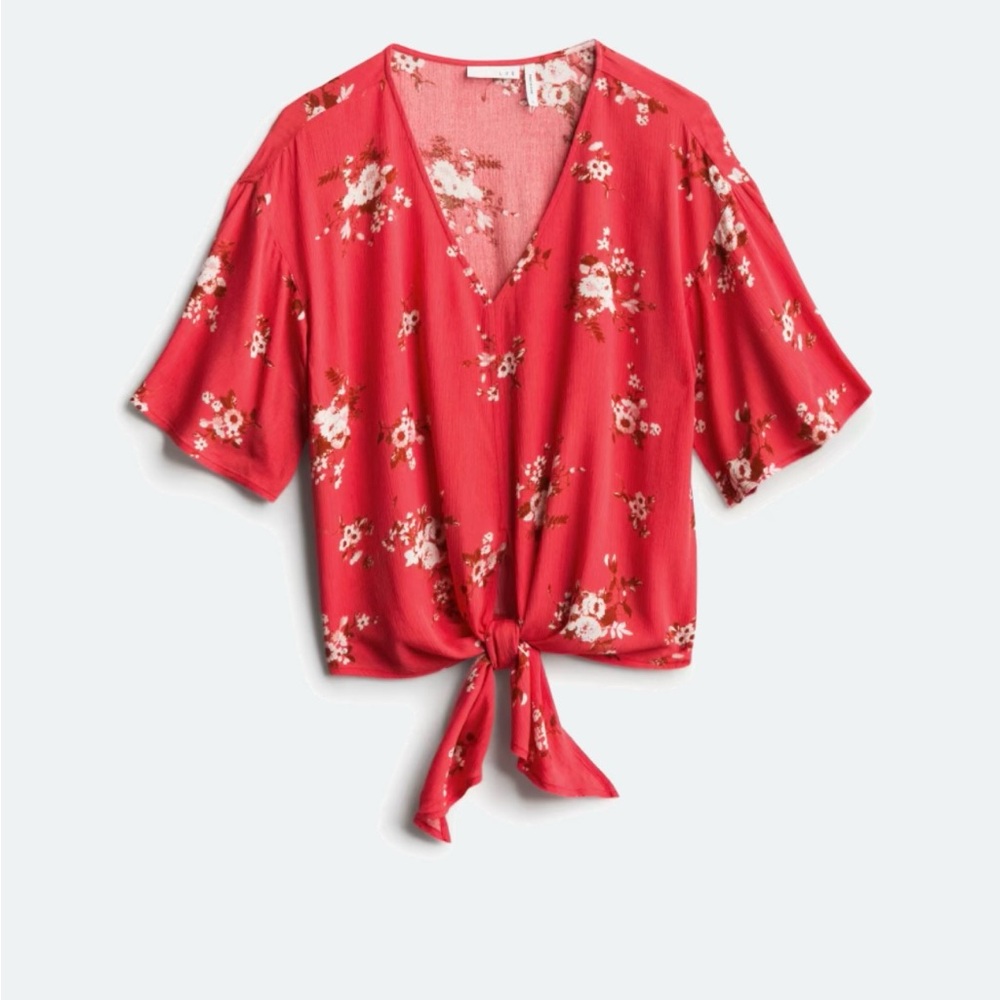 Floral Red Tie-Front Blouse